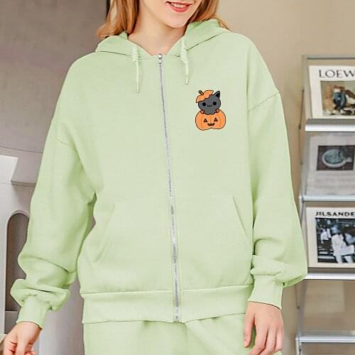 Fashion Printed Hoodies Halloween Pumpkin Cotton Women Sweetshirts Casual Long Sleeve Ladies Drop Shoulder Hoodie Zip Up Jacket