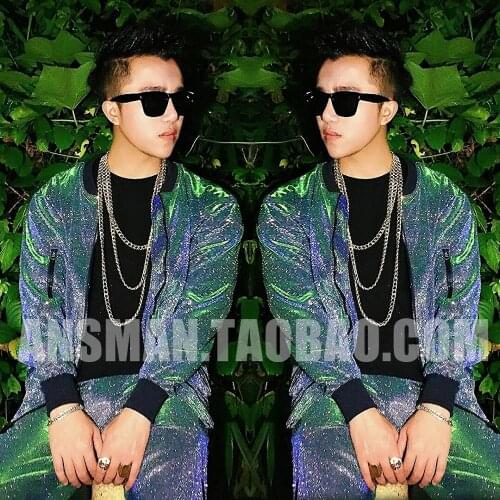 Mens Dj Singer FashionBlue green gradient Glitter Baseball Uniform Hiphop Jacket Plus Size Men Costumes Clothing