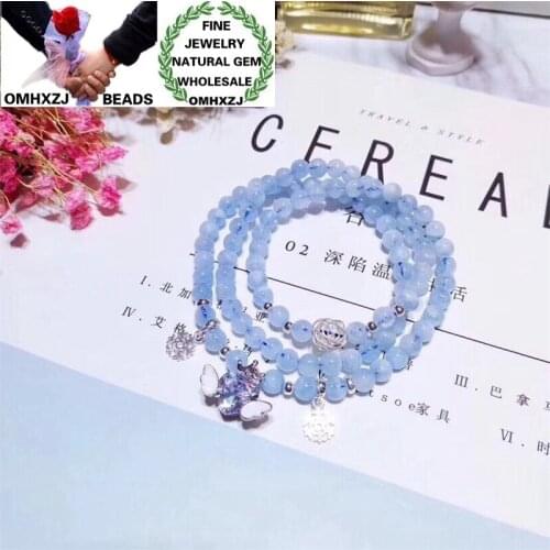 OMHXZJ Wholesale ZB367 Fashion Birthday Party Wedding Gift Natural Stone Fine Aquamarine Round Bead 925 Sterling Silver Bracelet