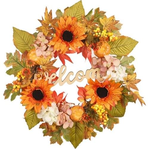 Autumn Fall Harvest Wreath With Sunflowers Pumpkins Maple Leaves Berry Artificial Wreath For Thanksgiving Door Decor
