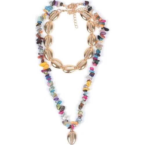 Gold Shell Necklace Two Layers Tropical Hawaiian Statement Colorful Macadam Choker Female Fashion Sea Beach Bohemia Jewelry