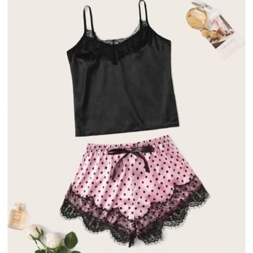 Sexy Women Lace Patchwork Sleepwear Set Camisole Dots Print Bow Decor Shorts