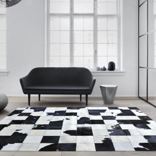 Luxury cowhide seamed patchwork rug , natural black and white cow skin chequer carpet for living room, decoration office mat