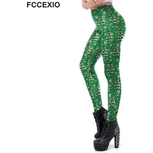 FCCEXIO Christmas Leggings Women Workout Fitness Xmas Tree Printing Slim Leggins Snowflake New Year Pants Gift For Girls