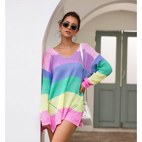 Women Autumn Winter Long Sleeve Sweaters V-Neck Slim Pullovers 2021 Rainbow Striped Long Sweater Female Loose Casual Jumpers New