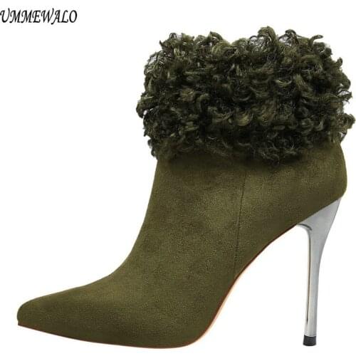 UMMEWALO Ankle Length Flock Boots Women Fashion Pointed Toe Thin Heels High Heel Shoes Winter Ankle Boots Ladies Shoes 8663-6