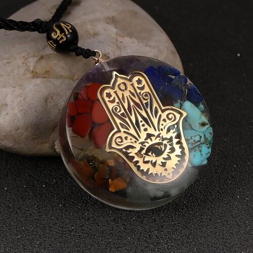 Unisex Men Women Yoga Healing 7 Chakra Hand Statement Orgone Pendant Necklace Reiki PendulumMeditation Jewelry
