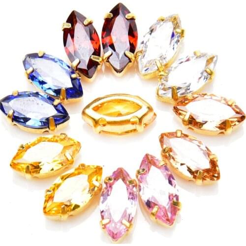 High Quality 15Pcs 5A Zircon Crystal Colorful 5X10Mm Classical Small Horse Eye Gold Claw Sew On Stone Pointed Back Rhinestones