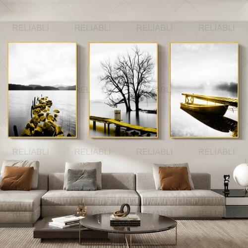 Yellow Retro Seaside Scenery Poster Fishing Nordic Boat Seascape Interior Painting Wall Art Canvas Picture for Modern Home Decor