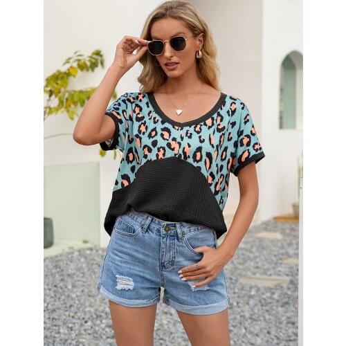 Waffle Tshirts Women Summer Tops 2021 Trend Fashion Leopard Patchwork Tee Shirt Back Hollow Out Female Tshirt Aesthetic Clothes