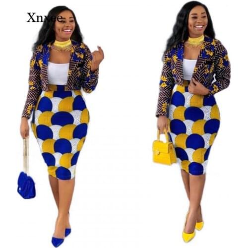 2 Piece Women African Two Piece Set Long Sleeve Crop Coat Skirt Suit Top Midi Skirts Print Casual Outfit Africa Clothing Bodycon