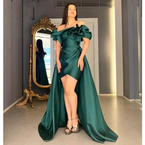 Satin Evening Dress Green Front Short Long Back Court Train 2021 Women Formal Party Gowns Prom Unique Top Design Short Sleeve