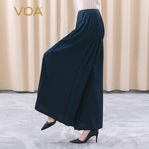 VOA 38M/m Heavy Silk Hide Blue Even Waist Yellow Line Dress Side Waist Zipper Yuke Fold Wide Leggings Streetwear Women KE255