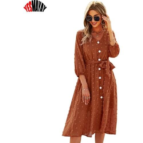 Office Dress Women Spring Summer Chiffon Maxi Long Dresses Button Lace Up Vestidos Mujer V-neck A-line Dress Womens Elegant 2021