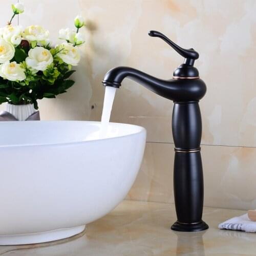 1pc Brass Basin Mixer Deck Mounted Black Bathroom Faucets Single Handle Single Hole Cold and Hot Water Tap Ceramic Plate Spool