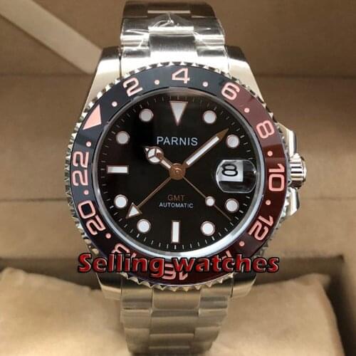 40mm Parnis black dial Ceramic Rotatig Bezel Sapphire glass Ceramic bezel GMT automatic mens watch