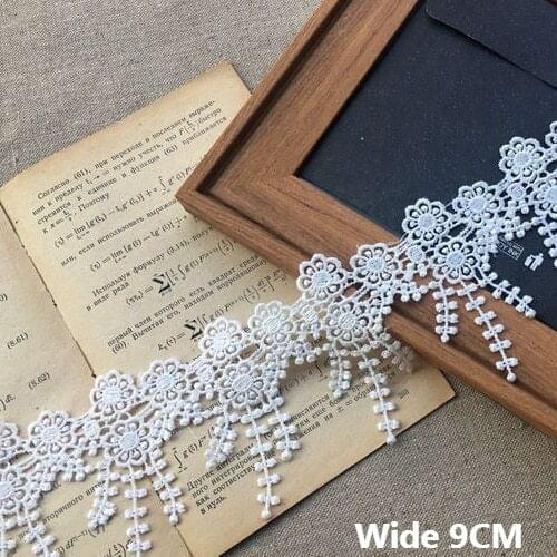 9CM Wide White Black Cotton Floral Embroidered Tassel Lace Fabric Fringe Ribbon Collar Dress Trim DIY Sewing Apparel Cloth Decor