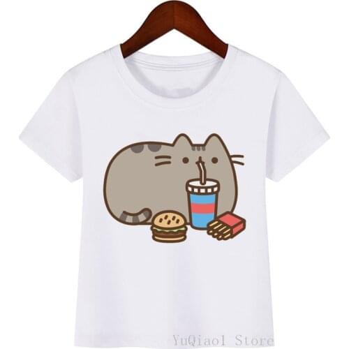 Harajuku Kawaii Drinking Cat Print T-Shirt Summer 2021 Childrens Clothes Top For Girls Cute Baby Boy Tshirt Teen Kids Tees