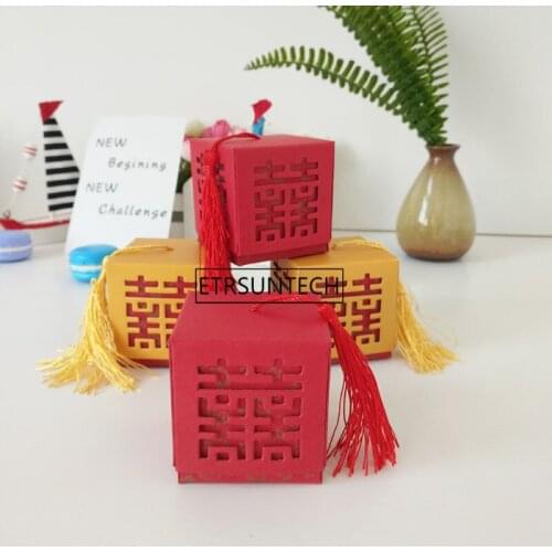 Chinese Yellow Red Hollow Double Happiness Tassel Flowers Candy Box Wedding Party Favor Decoration Gift