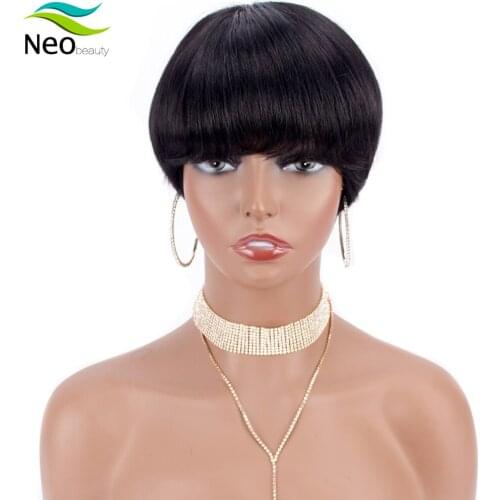Short Straight Bob Pixie Cut Non Lace Front Human Hair With Bangs for Black Women Brazilian Cheap Human Hair Wig Free Shipping