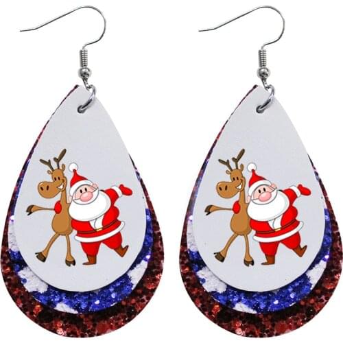 Santa with motorcycle deer Clipart Stripe Leather Earrings Triple Layer Glitter Xmas Essential Earrings Holiday Gifts 2021