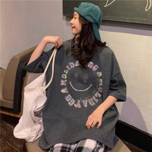 Summer loose hedging smiley face diamond short-sleeved T-shirt all-match casual college style jacket women