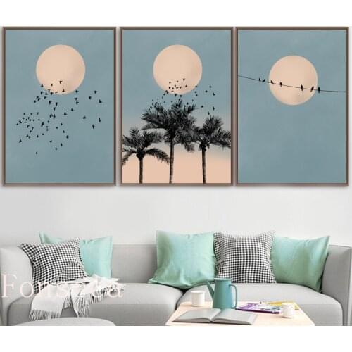 Moon Bird Palm Tree Landscape Canvas Painting Blue Nordic Posters And Prints Wall Art Pictures For Living Room Home Decor