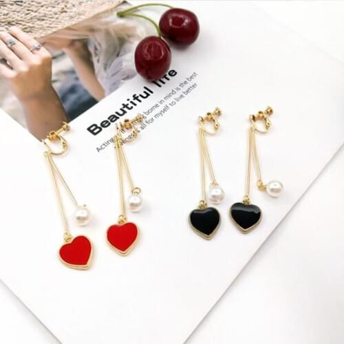 Fashion Gold Color Simulated Pearl Heart Shape Clip on Earrings No Pierced for Girl Cute Charm Long Pierced Earrings Korea Style