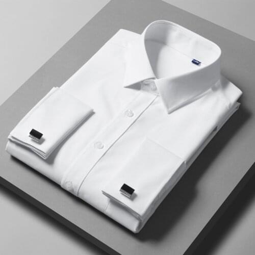 Large Size Mens Bamboo Fiber Cufflink Shirt High Quality Business Fashion Pure White Party Long-sleeved Shirt Male Brand