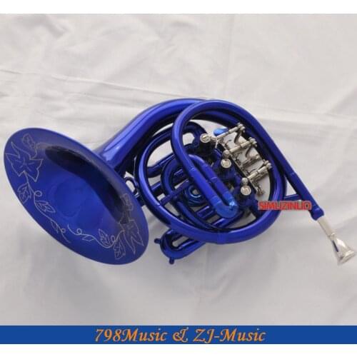 Newest Beautiful Blue Mini French Horn Engraving Bell Bb Pocket horn With Case