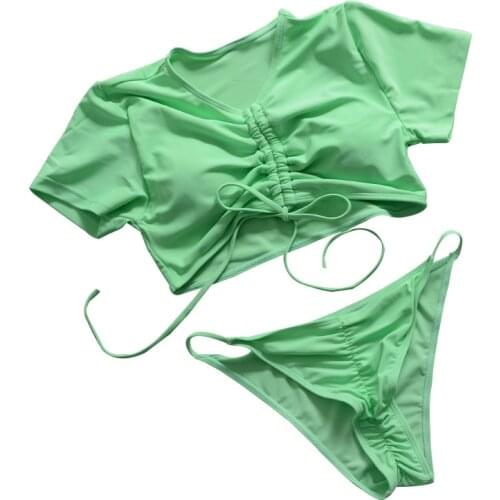 Solid Laced-Up Push Up Bikini Bathing Suit Short Sleeves Plunge V Neck Surfsuit Swimwear 2021 Low Waist Thong Women Bathing Suit
