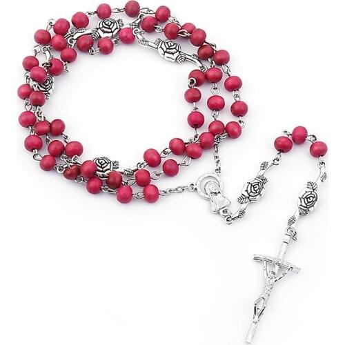 Jesus Cross Rosary Necklace Vintage Jewelry 2021 Trend Catholic Necklace Cross Pendant NEW Wholesale Solid Wood Material