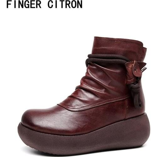 Finger Citron Women Retro Anckle Boot Genuine Cow Leather Round Toe Eva Outsole Light Height By Handmade Lady Style Size 35-41