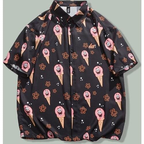 Cartoon Ice Cream Print Shirt Men Hawaiian Hip Hop Loose Casual Short Sleeve Top Japan Harajuku Streetwear Beach Oversize Shirts