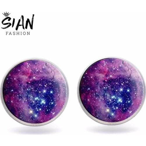 SIAN Galaxy Nebula Stud Earrings Artistic Night Sky Star Planet Romantic Photo Glass Gem Ear Studs Girls Favor Astronomy Jewelry