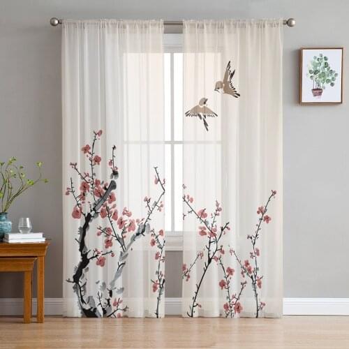 Ink Painting Plum Bird Window Curtains Living Room Tulle Curtains Kitchen Decor Kids Room Curtain Window Treatment