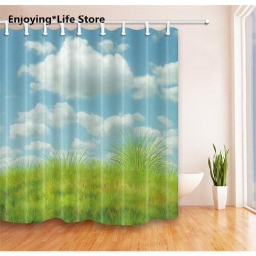 Blue Sky & Grassland Shower Curtain Waterproof Fabric Shower Curtain Bathroom Decoration 72 x 72 with 12 Hooks