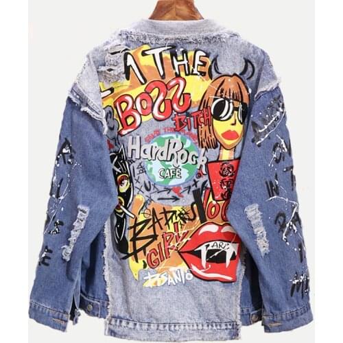 PERHAPS U Women Blue Denim Loose Punk Jacket Button Pocket Turn Down Collar Letter Graffiti Print Hole Hip Hop Style C0221
