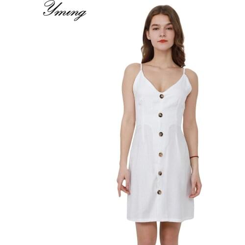 Yming White Button Women Dresses Backless Casual Party Dress Vestidos Beach Sundress V-neck Strappy Summer Dresses for Woman