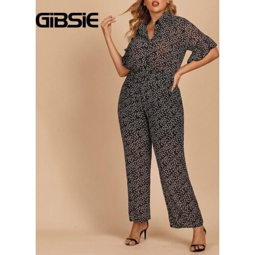 GIBSIE Plus Size Turn-down Collar Print Short Sleeve Jumpsuit Women Summer High Waist Boho Ladies Casual Straight Leg Jumpsuits