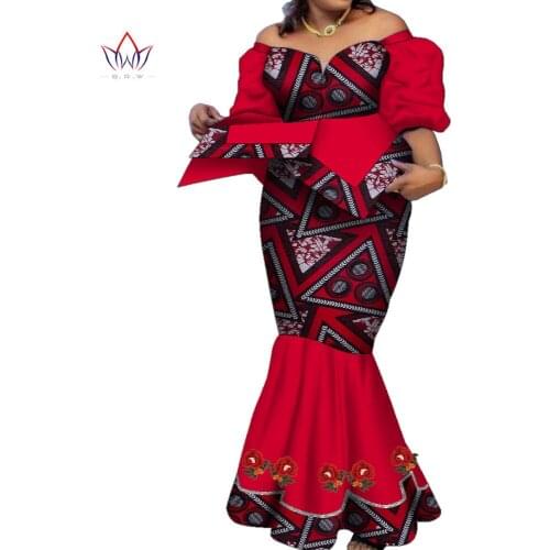 African Lantern Sleeve Print Tops and Skirt Sets for Women Bazin Riche African Clothes 2 Pieces Customize Skirts Sets WY9173