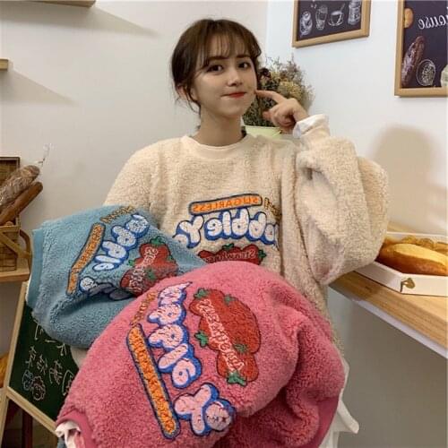 Women Autumn Winter Loose Print Fake Two Pieces Pullover Teen Girls Student Imitation Lamb Hair Long Sleeve Round Neck Hoodie