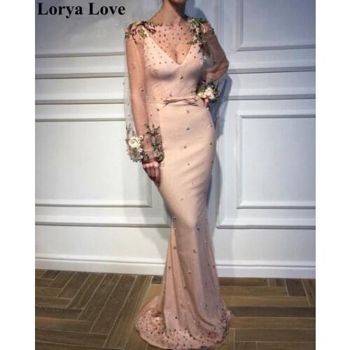 Pink Mermaid Evening Dresses 2020 Women Beading Formal Party Robe De Soiree Long Sleeves Sequin Satin Vestidos Long Prom Dress