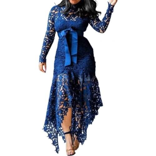 Womens Elegant Dress 2021 Formal Dress Lace Patchwork Women Hollow Out Fishtail Hem Dress for Wedding