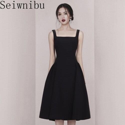 Max Spring 2020 New Arrivals Office Lady Sling Square Neck Retro temperament Backless Women Party Club A Line Midi Black Dress