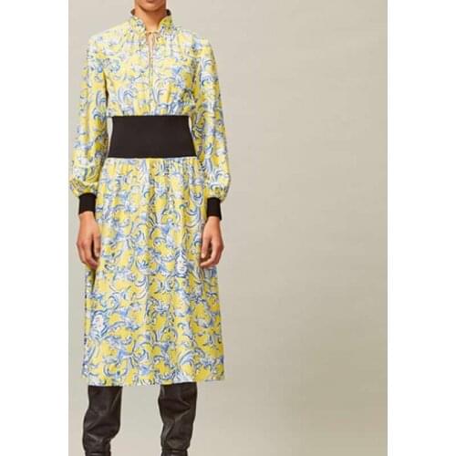 Luxury Vintage Print Women Sheath Dress Long Sleeve A-Line Dresses D4525