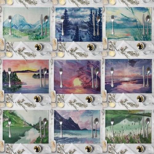 1 Pcs Landscape Pattern Placemat Dining Table Mats Drink Coasters Cotton Linen Pads Kitchen Accessories