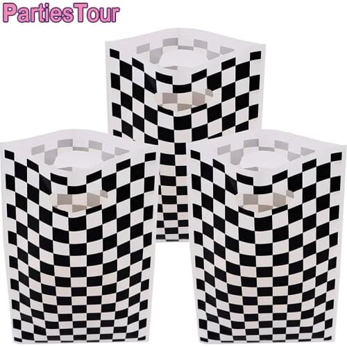 20pcs Black and White Checkered Racecar Plastic Candy Bags with Handle Birthday Party Favors for Kids Race Car Themed Gift Bags