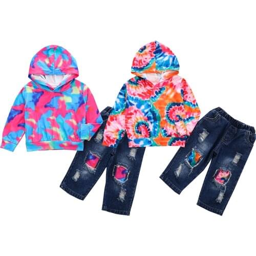 2020 1-5Y Fashion Kids Baby Girl Clothing Colorful Tie Dye print Long Sleeve Hooded Sweatshirt+Patch Denim Long Pants 2pcs Set