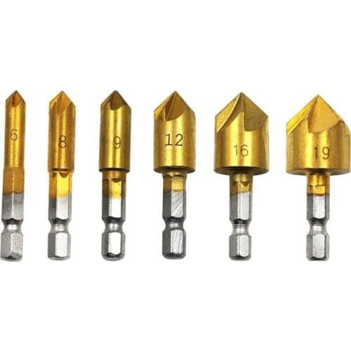 6PC 5 Flute Countersink Drill Bit Set 90 Degree 1/4" Counter Sink Chamfer Cutter DIY Power Tools